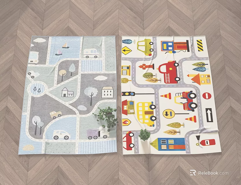 Square Area Rugs with Road Traffic Car House Tree Patterns for Kids Play 3d model 