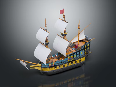 Vintage Sailing Ship Model with White Sails Red Flag and Yellow Blue Hull 3d model