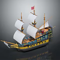 Vintage Sailing Ship Model with White Sails Red Flag and Yellow Blue Hull