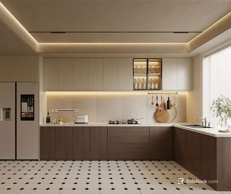 Modern Kitchen With Two Tone Beige Brown Cabinets And Lighting 3d model 