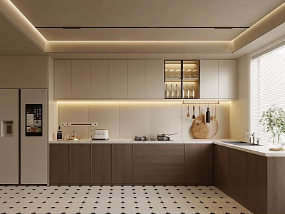 Modern Kitchen With Two Tone Beige Brown Cabinets And Lighting 3d model