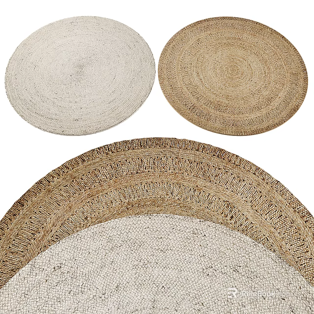 Stylish Round Woven Rugs in Natural Tones with Textured Design Details 3d model 