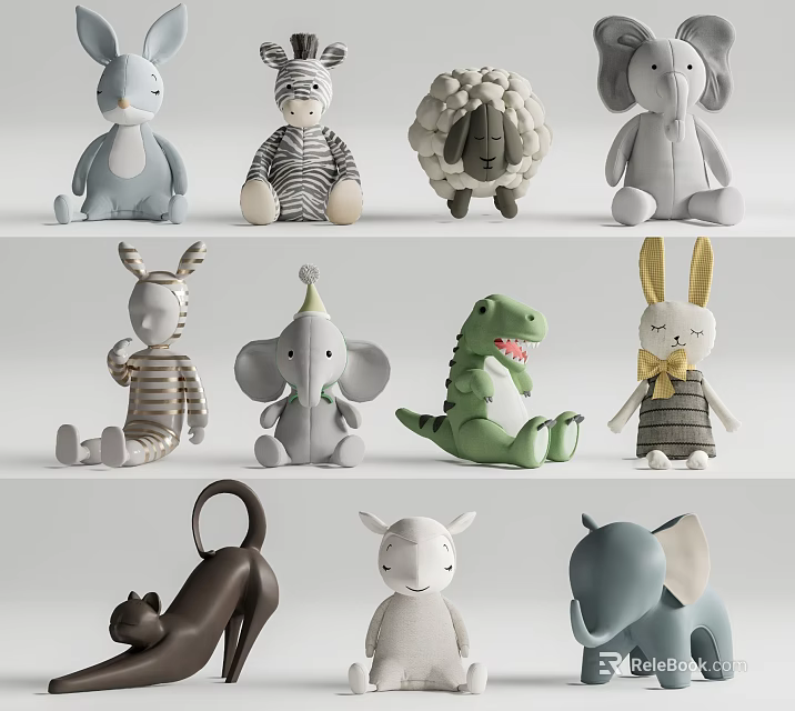 Cute Soft Plush Stuffed Toys With Various Animal Designs Including Rabbit Zebra Elephant And Dinosaur 3d model 