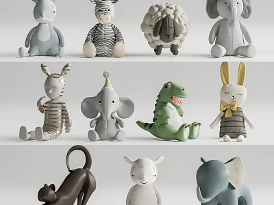 Cute Soft Plush Stuffed Toys With Various Animal Designs Including Rabbit Zebra Elephant And Dinosaur 3d model