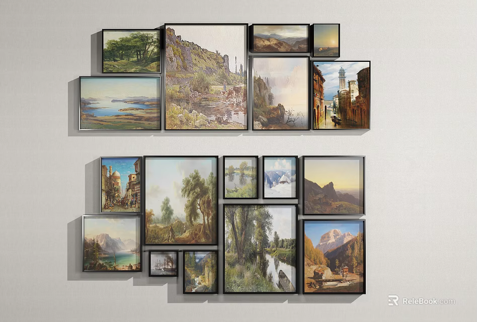 Multiple Oil Paintings Collage With Landscape Architecture And Horse Wall Art 3d model 