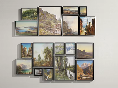Multiple Oil Paintings Collage With Landscape Architecture And Horse Wall Art 3d model