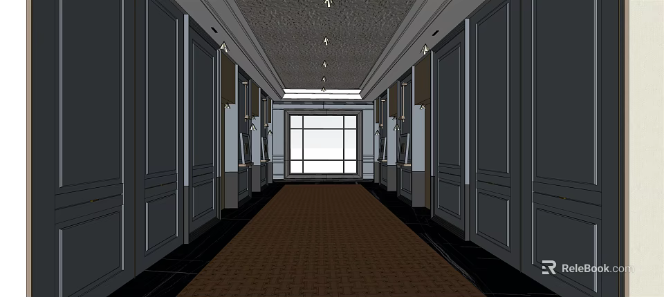 Spacious Hotel Corridor With Brown Carpet Side Doors Ceiling Lights And End Window 3d model