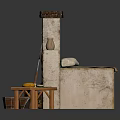 Rustic Stone Hearth Scene With Clay Pot Wooden Table And Buckets