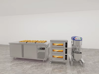 Stainless Steel Kitchen Appliances Including Refrigerated Counter Oven And Mixer With Baking Bread 3d model