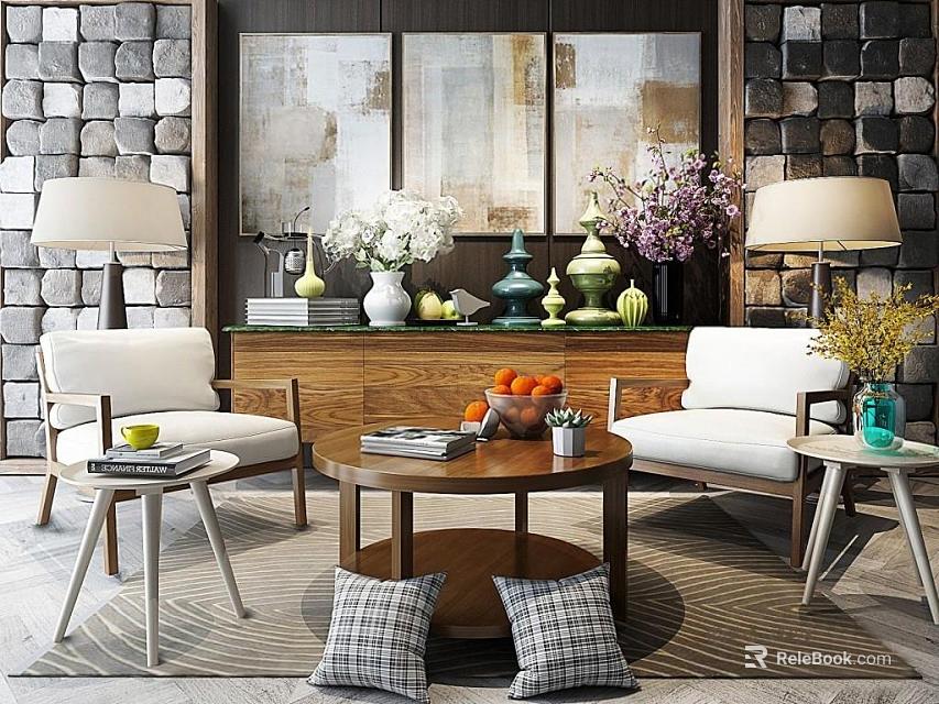 Leisure Sofa Set with White Armchairs Wooden Coffee Table and Decorative Flowers in Living Room 3d model 