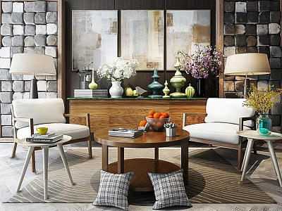 Leisure Sofa Set with White Armchairs Wooden Coffee Table and Decorative Flowers in Living Room 3d model