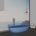 Blue Glass Bathtub in Modern Bathroom with Ocean View Black Faucet and Stack of Books