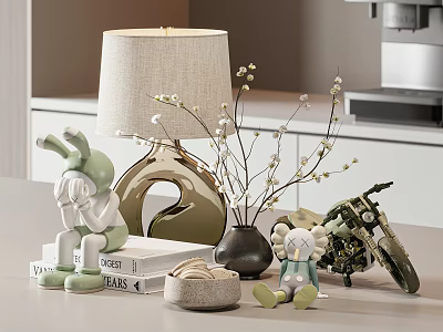Green Rabbit And Elephant Dolls On Decorative Table With Lamp Vase Branches Books Motorcycle Model 3d model