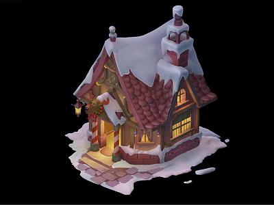 Cartoon Christmas House Scene With Snow Covered Roof Brick Chimney Warm Lights And Decorated Doorway 3d model