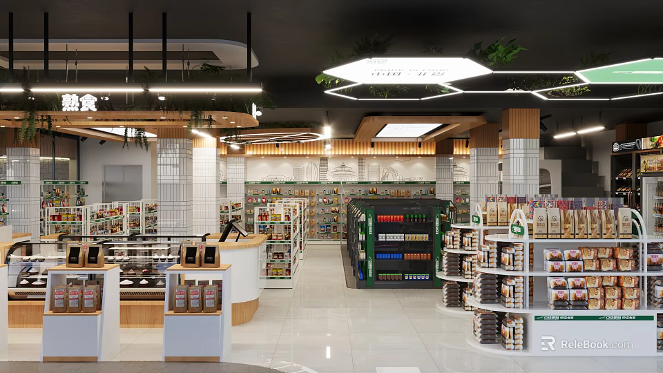Modern Spacious Supermarket Interior With Shelves Full Of Products Checkout Counter And Bright Lighting 3d model 