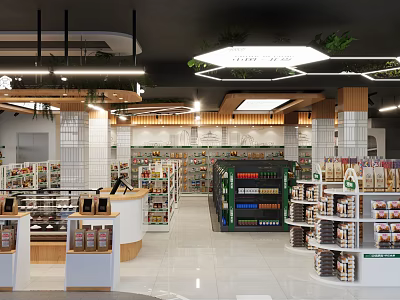 Modern Spacious Supermarket Interior With Shelves Full Of Products Checkout Counter And Bright Lighting 3d model