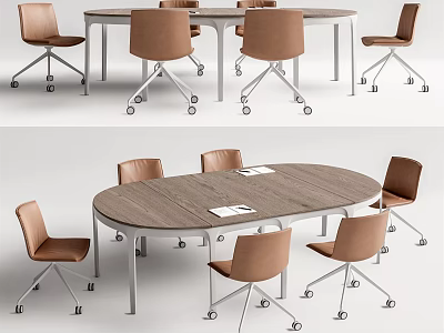 Modern Oval Conference Table With Wooden Top And Brown Rolling Chairs 3d model