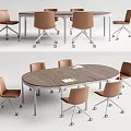 Modern Oval Conference Table With Wooden Top And Brown Rolling Chairs