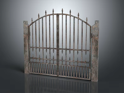 Classical Iron Entrance Gate With Spiked Top Design And Stone Pillars 3d model