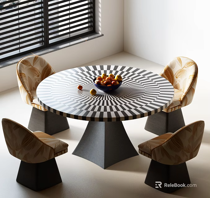 Modern Round Dining Table Set With Black White Checkered Top Fruit Bowl And Patterned Chairs 3d model 