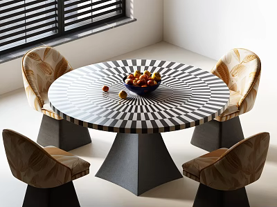 Modern Round Dining Table Set With Black White Checkered Top Fruit Bowl And Patterned Chairs 3d model