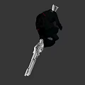 Sci Fi Warrior In Black Armor With Red Accents Standing In Profile And Back Weapon
