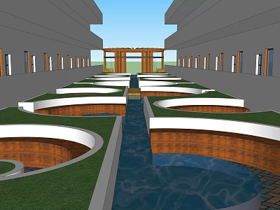 Green Roof Garden With Circular Planters Central Water Channel And Open Space 3d model
