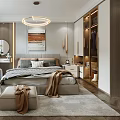 Modern Bedroom Interior Design With Bed Artwork Ceiling Light Open Wardrobe And Curtains 3d model