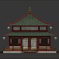 Cartoon Scene of Chinese style Building with Green Roof Red Accents Lanterns and Wooden Structure Steps