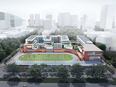 Modern School Building Complex With Football Field Running Track Green Roofs And Surrounding Trees 3d model