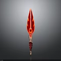 Vibrant Red Spear Weapon With Sharp Blade And Ornate Golden Handle Design