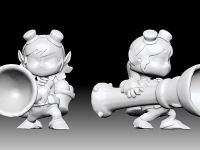 Cartoon Game Character 3D Model Twin Buns Pointed Ears Holding Large Horn Front Back Views 3d model