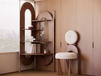 Modern Wooden Storage Shelf Interior With Multi Tiered Shelves Accent Chair And Natural Light 3d model