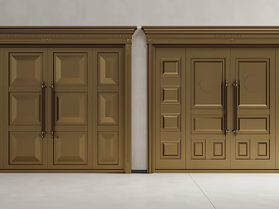 Luxurious Golden Entry Double Doors With Ornate Carved Panels And Decorative Frames 3d model