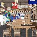 Japanese Style Restaurant Interior With Wooden Tables Chairs Decorative Murals And Wine Racks