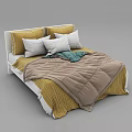 Modern Double Bed With White Headboard Yellow White Pillows Green Blanket And Quilt
