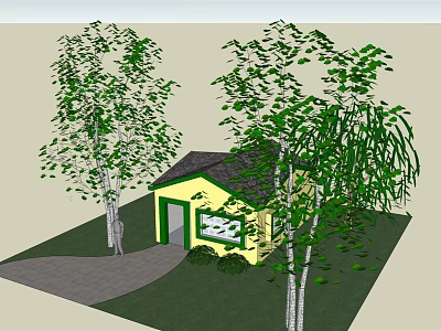 Small Yellow Cottage Exterior With Green Roof Trees Bushes And Gray Path Near Lawn 3d model