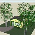 Small Yellow Cottage Exterior With Green Roof Trees Bushes And Gray Path Near Lawn