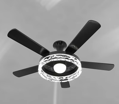 Ceiling Fan Light With Black Blades And White Circular Decor Central Bulb 3d model