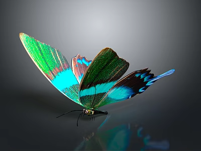 Vibrant Butterfly With Green And Blue Iridescent Wings And Reflection On Dark Background 3d model