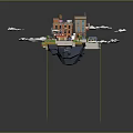 Cartoon Style Floating City Scene With Buildings Taxi Shops And Clouds