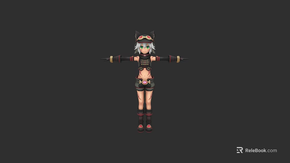 3D Female Anime Character With Animal Ears Wearing Black Outfit Short Skirt And Arm Guards 3d model 