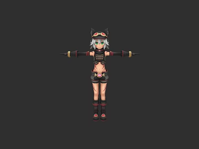 3D Female Anime Character With Animal Ears Wearing Black Outfit Short Skirt And Arm Guards 3d model