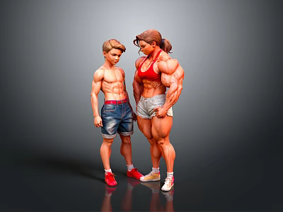 Muscular Man with Well Developed Physique in Denim Shorts Standing Beside Strong Female Athlete 3d model