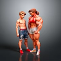 Muscular Man with Well Developed Physique in Denim Shorts Standing Beside Strong Female Athlete