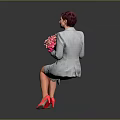 Woman in gray suit holding pink white bouquet wearing pink high heels against gray background