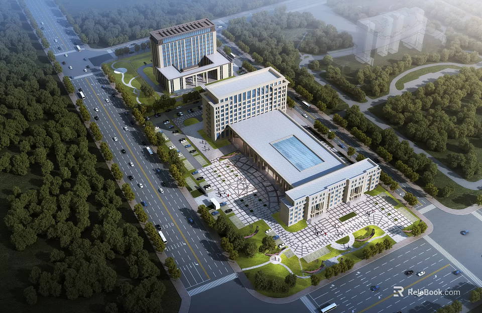 Modern Office Building Complex With Greenery Roads And Spacious Plaza Area 3d model