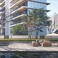 Modern High Rise Residential Building With Glass Curtain Walls Greenery And Outdoor Courtyard