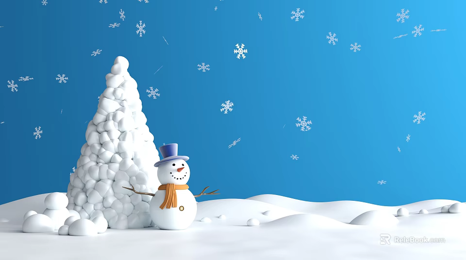 Snowman Sculpture With Purple Hat And Orange Scarf In Winter Snowy Scene 3d model 