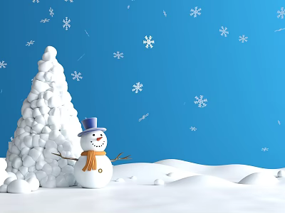 Snowman Sculpture With Purple Hat And Orange Scarf In Winter Snowy Scene 3d model